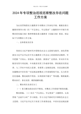 2024年专项整治巡视巡察整改存在问题工作方案