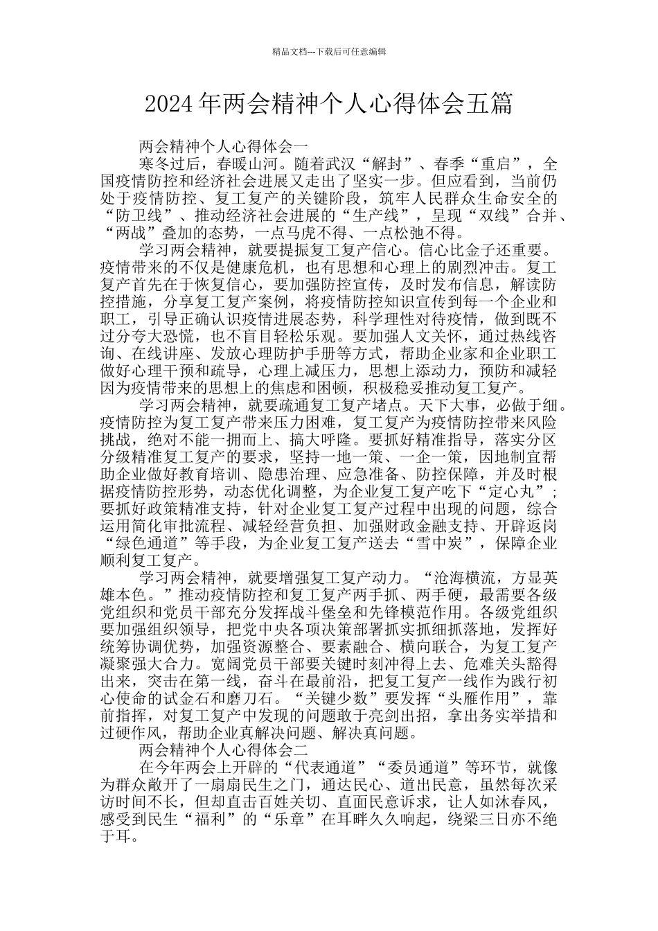 2024年两会精神个人心得体会五篇_第1页