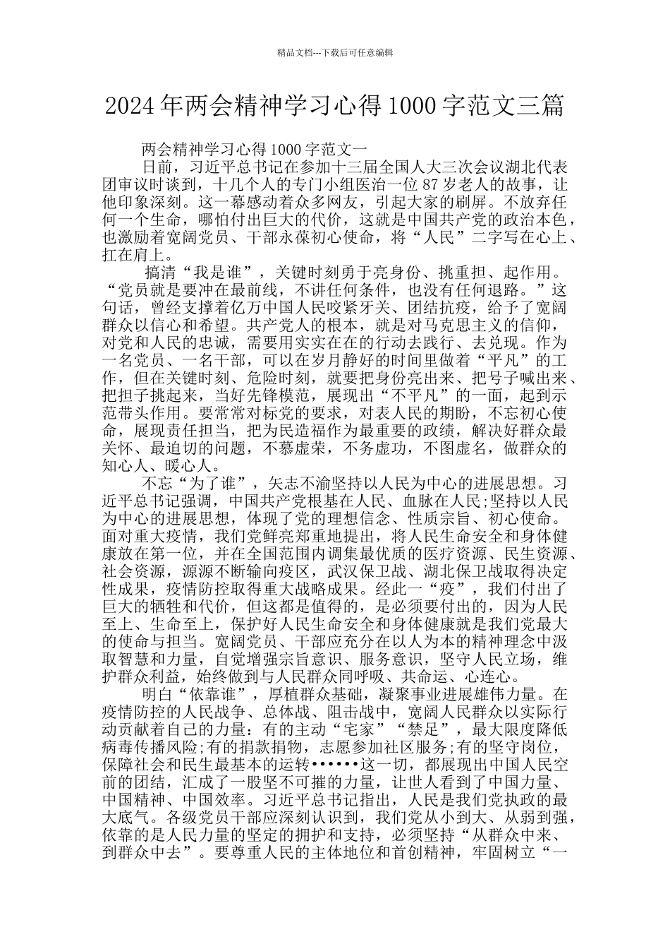 2024年两会精神学习心得1000字范文三篇_第1页
