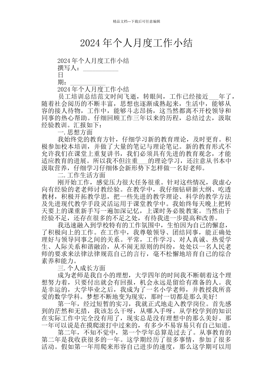 2024年个人月度工作小结_第1页