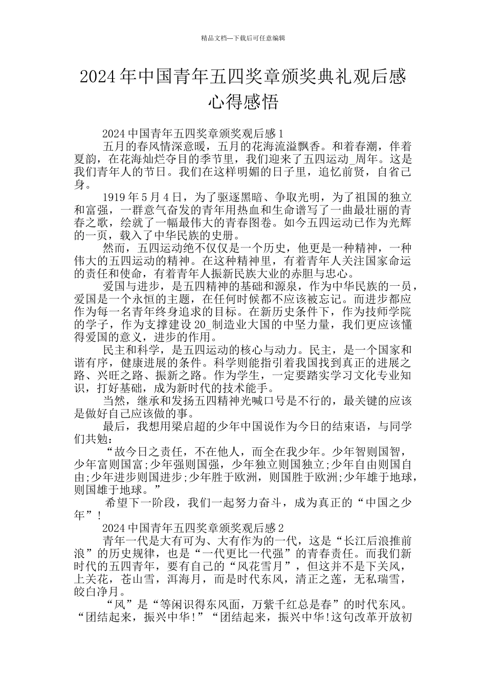 2024年中国青年五四奖章颁奖典礼观后感心得感悟_第1页