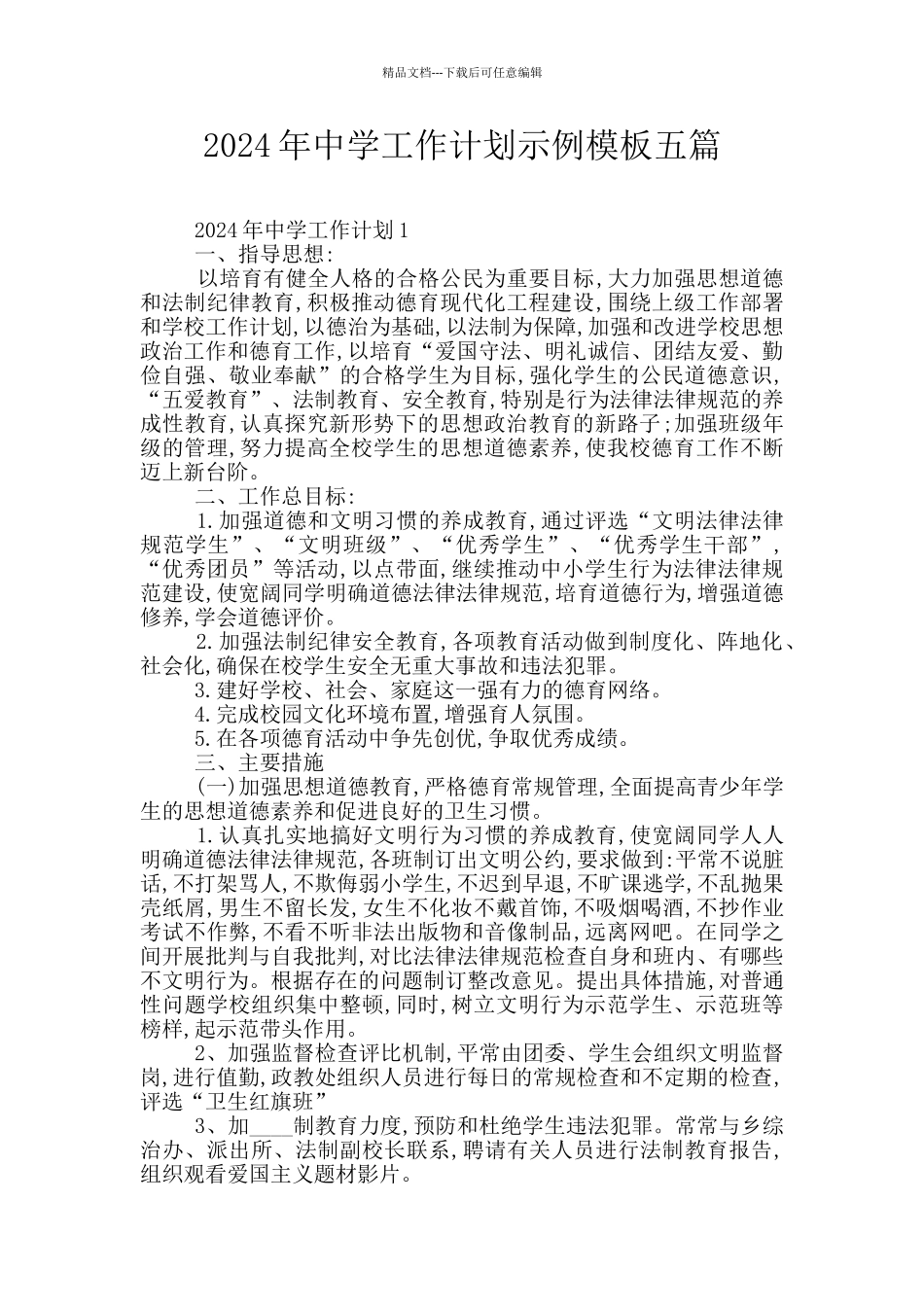 2024年中学工作计划示例模板五篇_第1页
