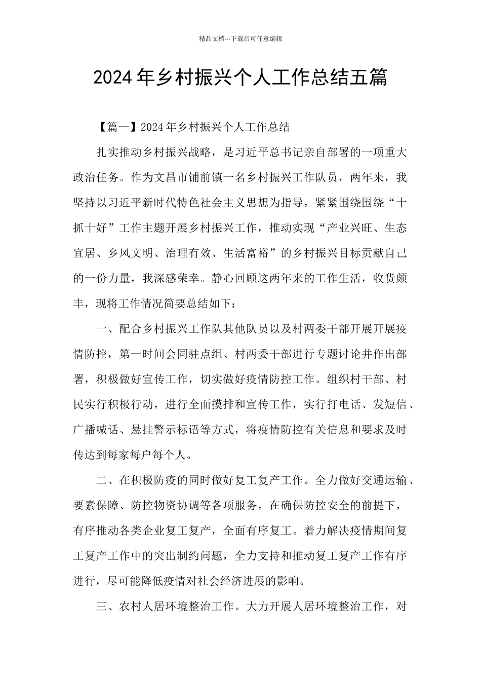 2024年乡村振兴个人工作总结五篇_第1页