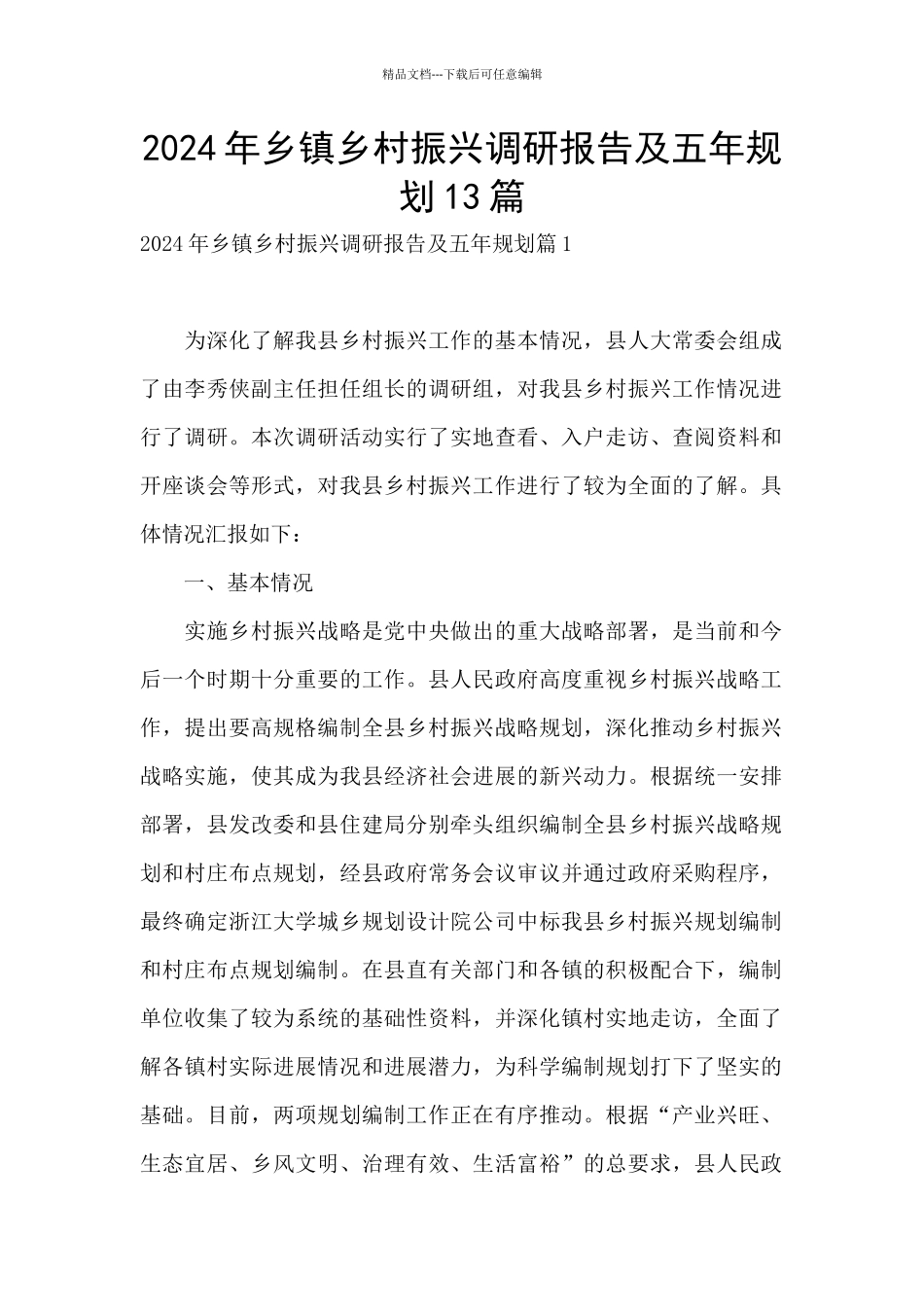 2024年乡镇乡村振兴调研报告及五年规划13篇_第1页