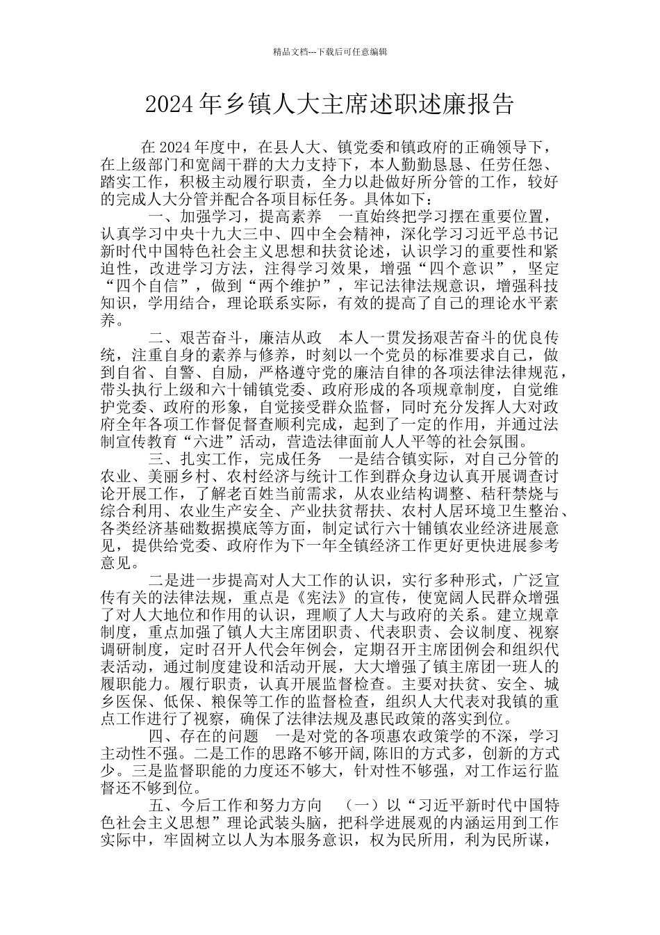 2024年乡镇人大主席述职述廉报告_第1页