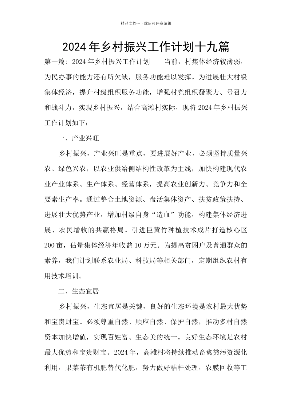 2024年乡村振兴工作计划十九篇_第1页