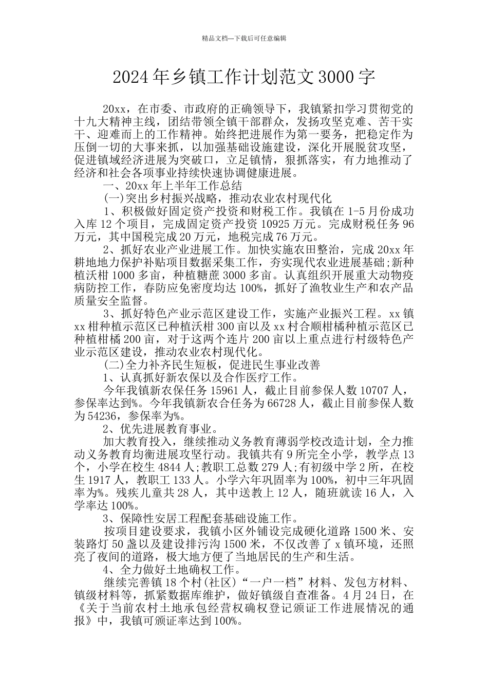 2024年乡镇工作计划范文3000字_第1页