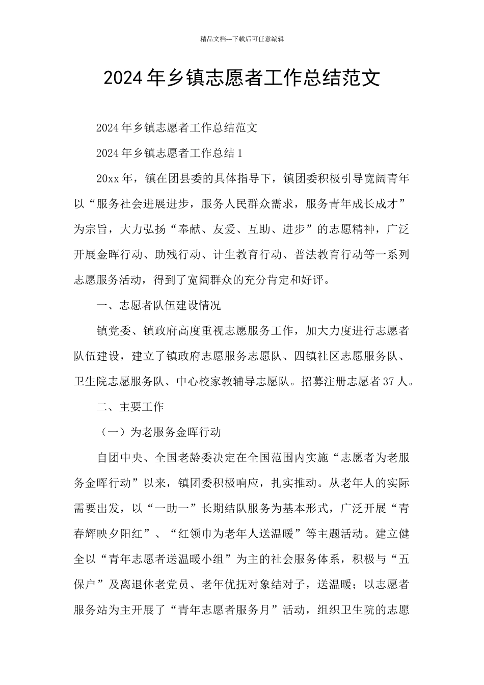 2024年乡镇志愿者工作总结范文_第1页