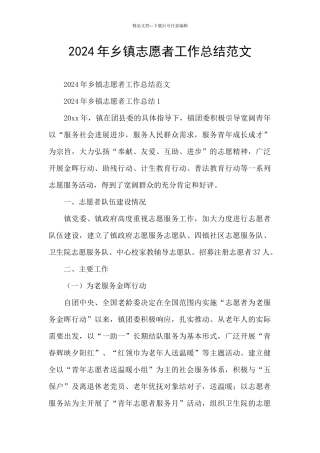 2024年乡镇志愿者工作总结范文