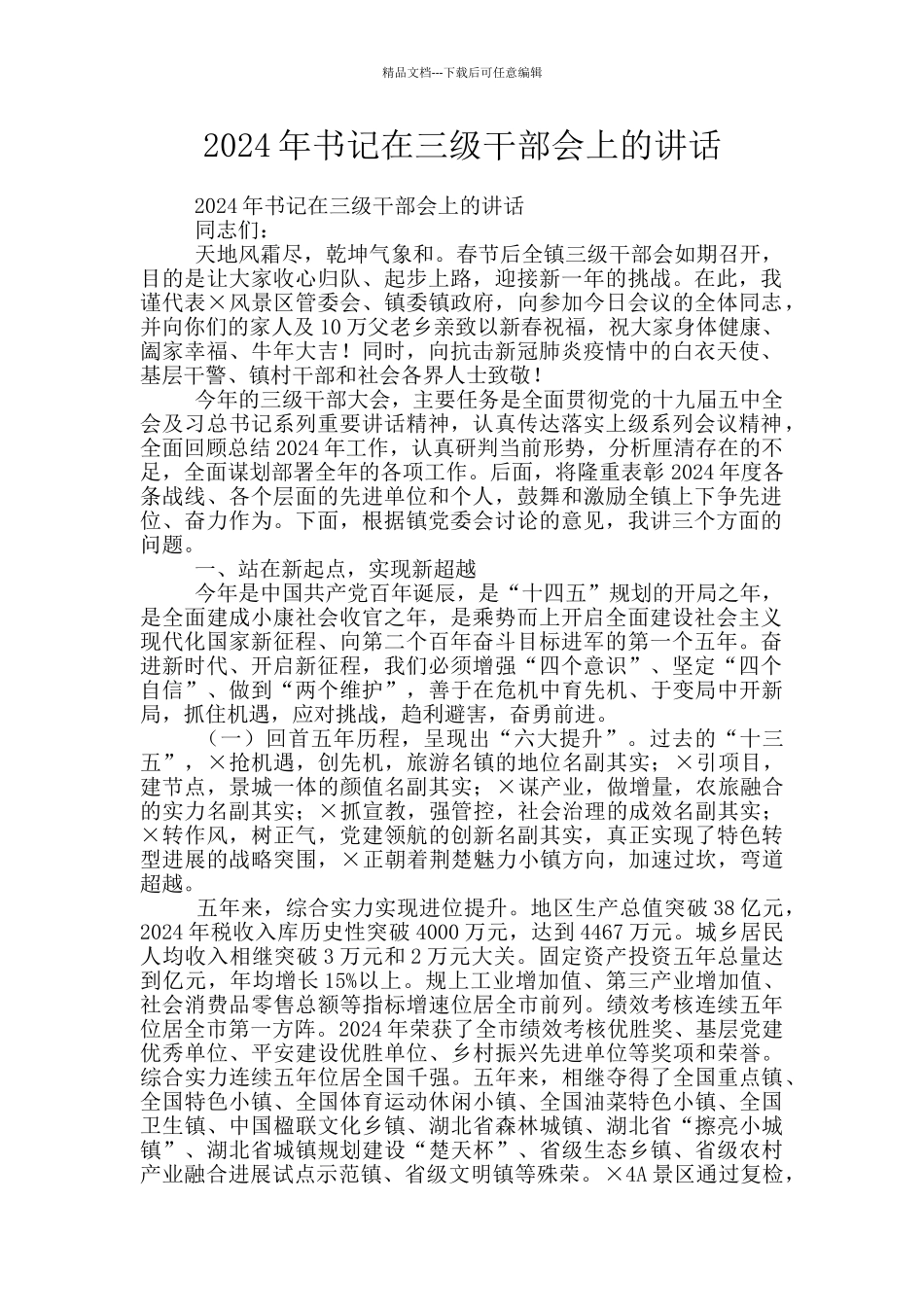 2024年书记在三级干部会上的讲话_第1页