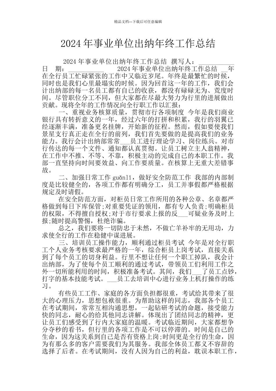 2024年事业单位出纳年终工作总结_第1页
