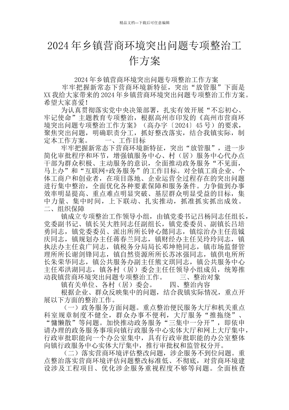 2024年乡镇营商环境突出问题专项整治工作方案_第1页