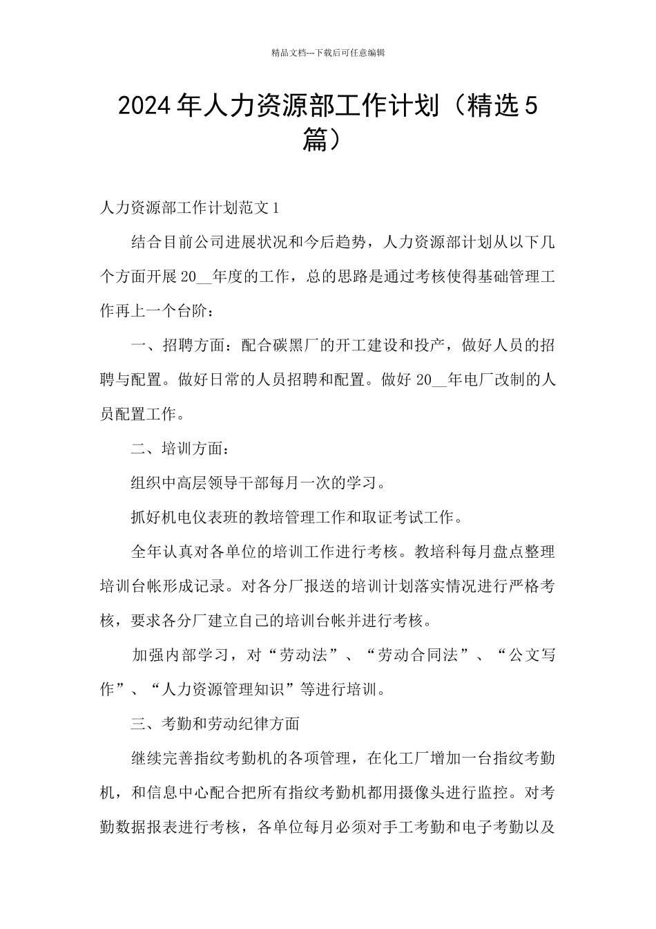 2024年人力资源部工作计划_第1页