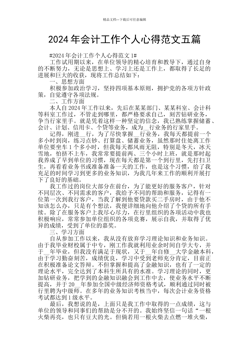 2024年会计工作个人心得范文五篇_第1页