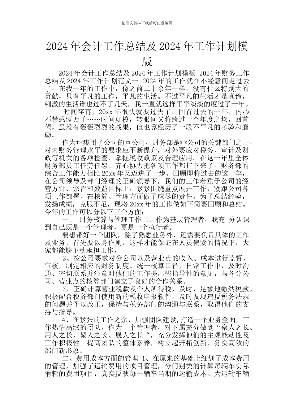 2024年会计工作总结及2024年工作计划模版_第1页