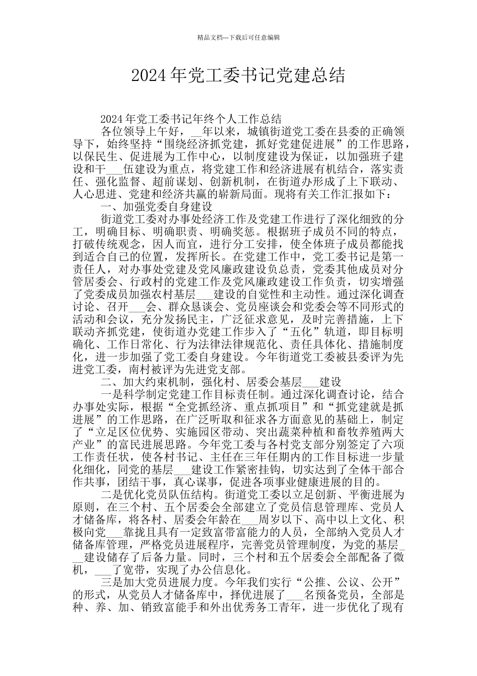 2024年党工委书记党建总结_第1页