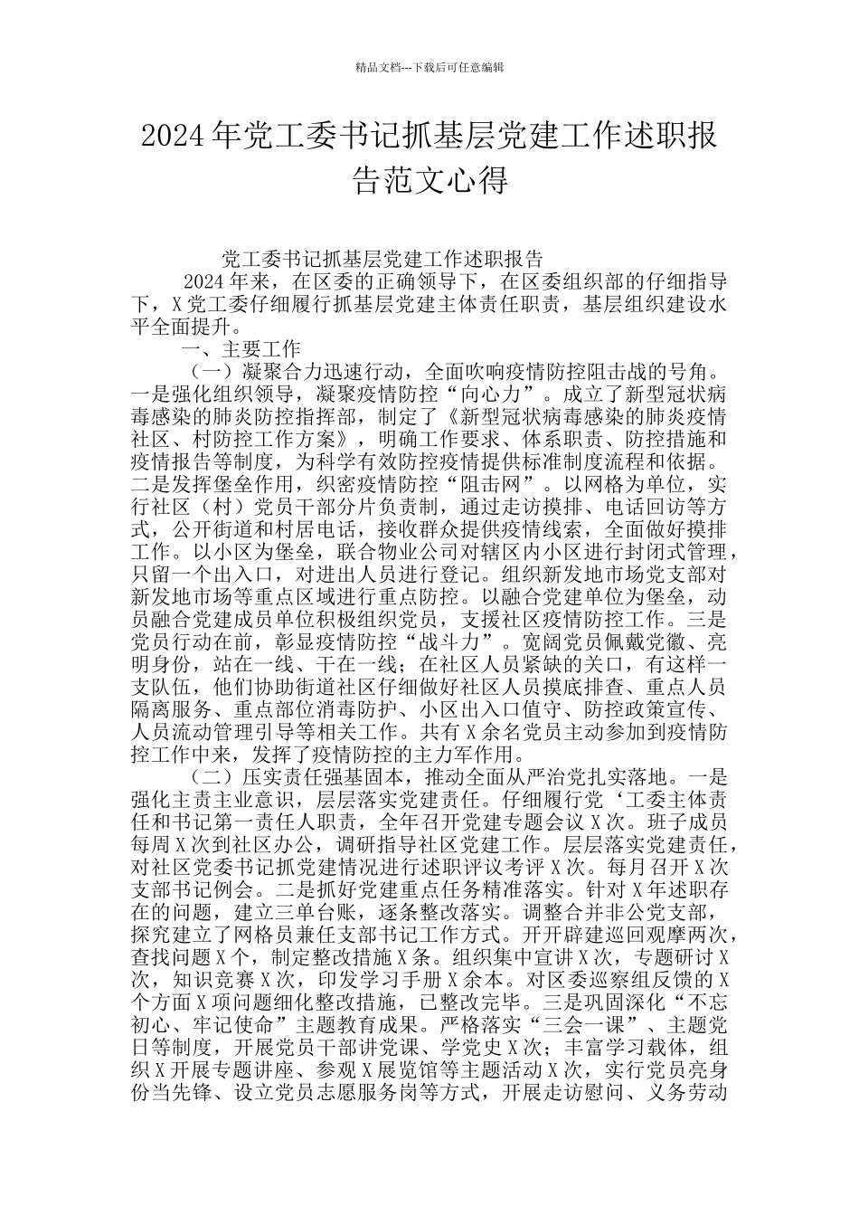 2024年党工委书记抓基层党建工作述职报告范文心得_第1页