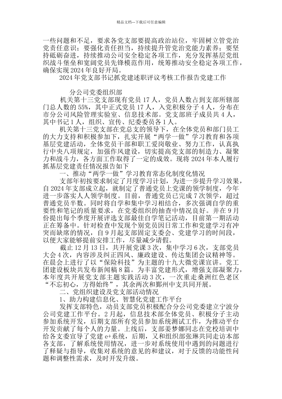 2024年党支部书记抓党建述职评议考核工作报告党建工作_第2页