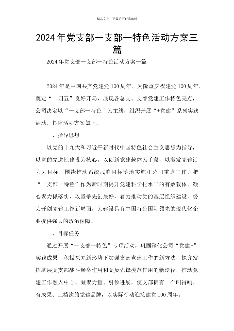 2024年党支部一支部一特色活动方案三篇_第1页