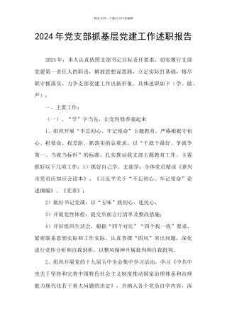 2024年党支部抓基层党建工作述职报告