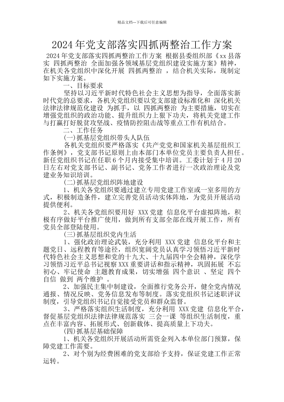 2024年党支部落实四抓两整治工作方案_第1页