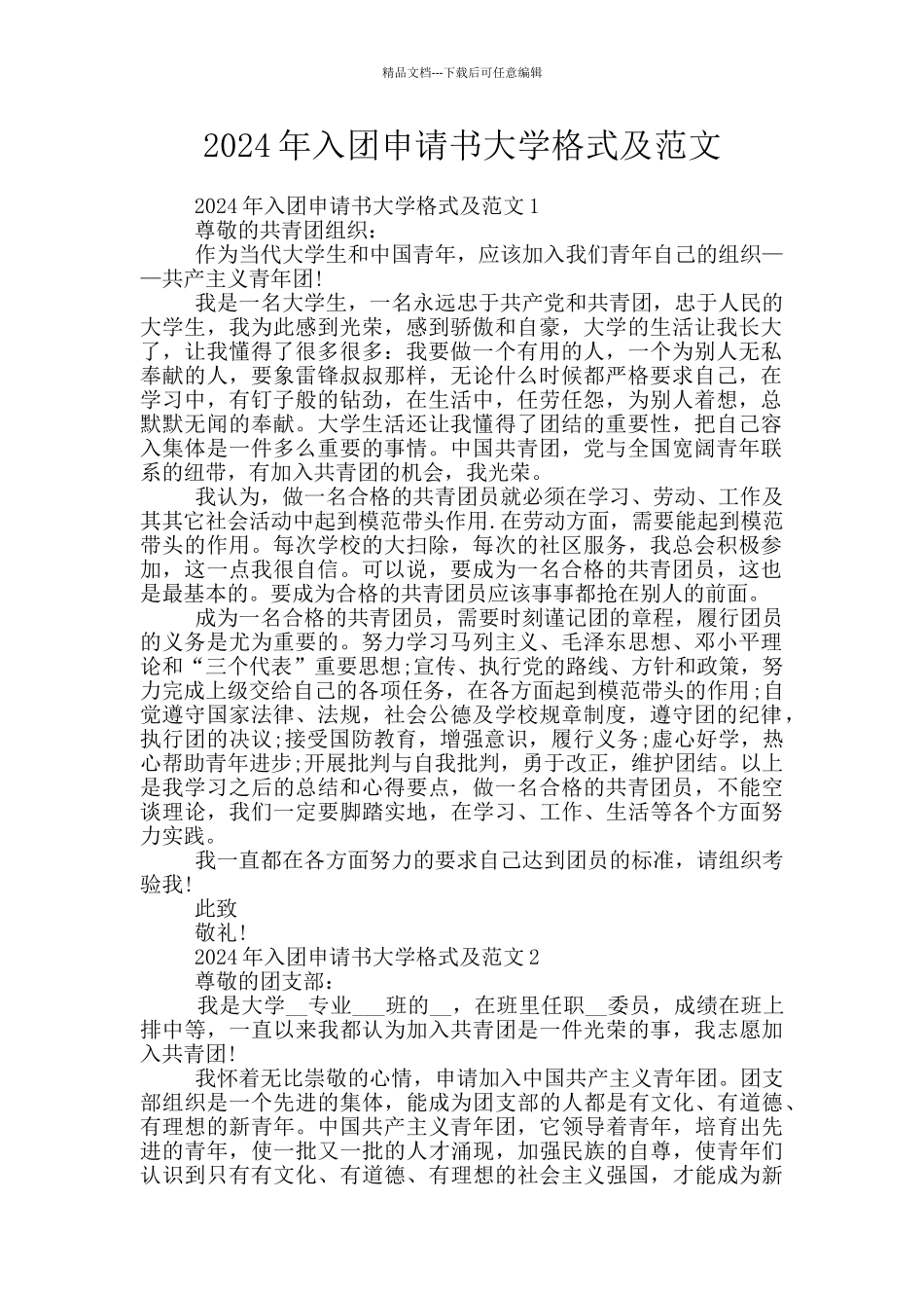 2024年入团申请书大学格式及范文_第1页