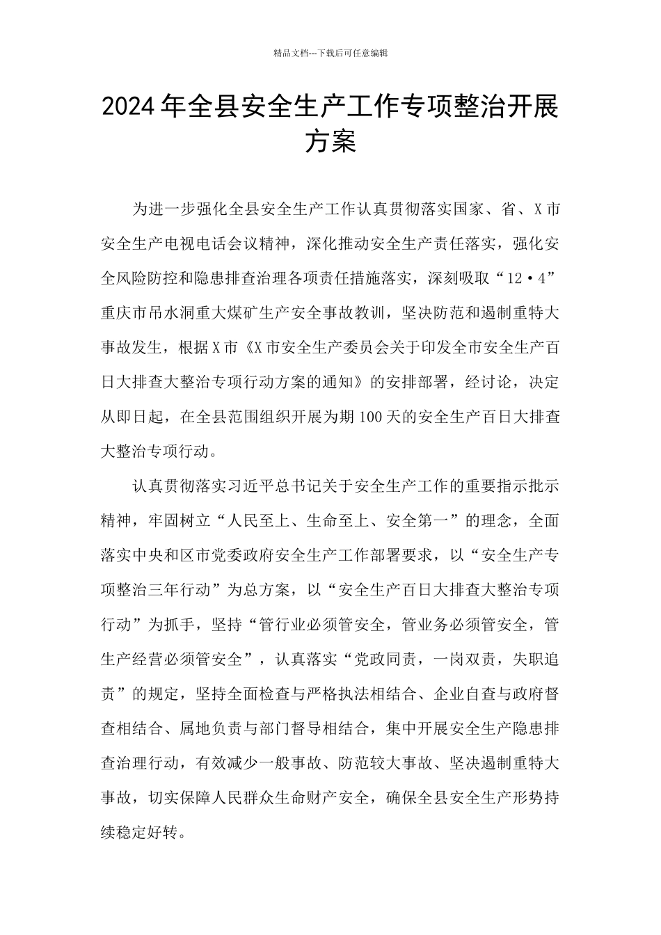 2024年全县安全生产工作专项整治开展方案_第1页