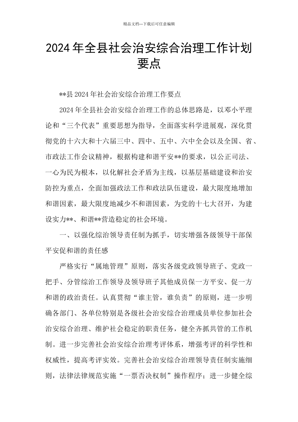 2024年全县社会治安综合治理工作计划要点_第1页