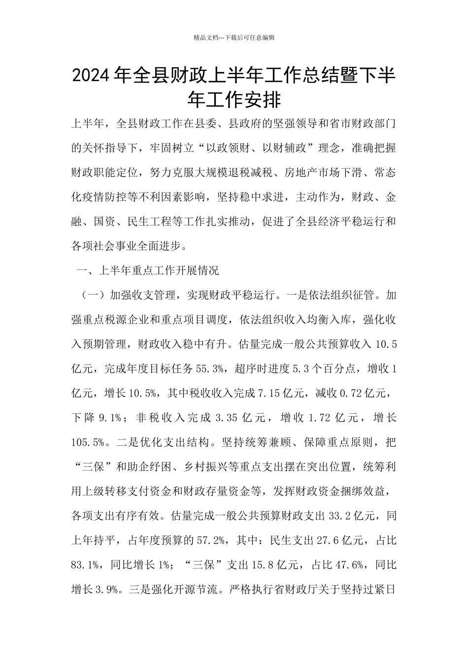 2024年全县财政上半年工作总结暨下半年工作安排_第1页