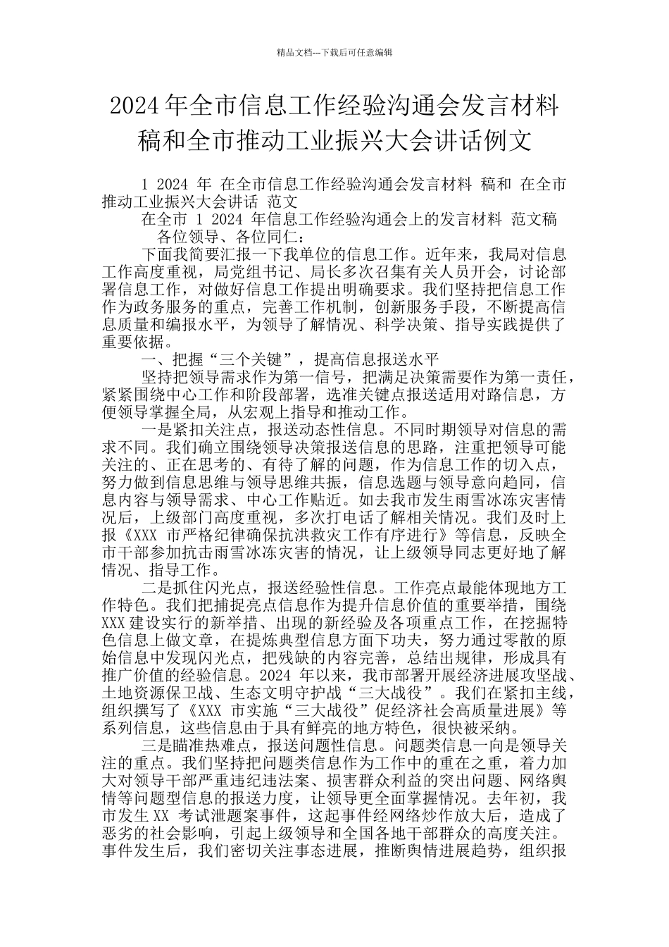 2024年全市信息工作经验交流会发言材料稿和全市推进工业振兴大会讲话例文_第1页