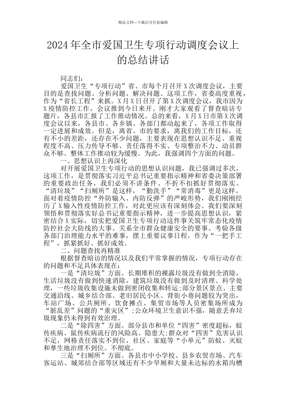 2024年全市爱国卫生专项行动调度会议上的总结讲话_第1页