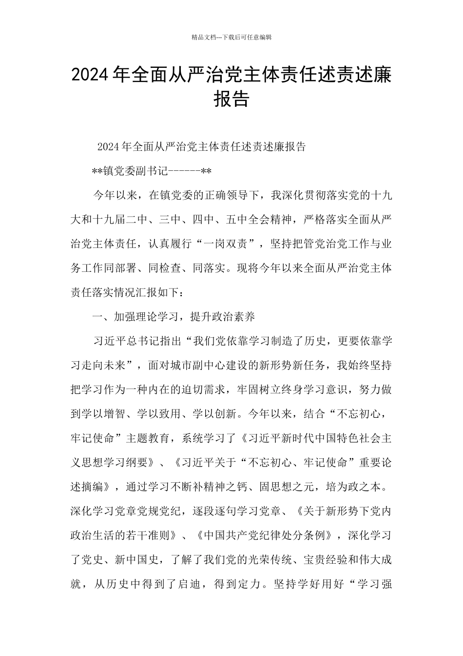 2024年全面从严治党主体责任述责述廉报告_第1页