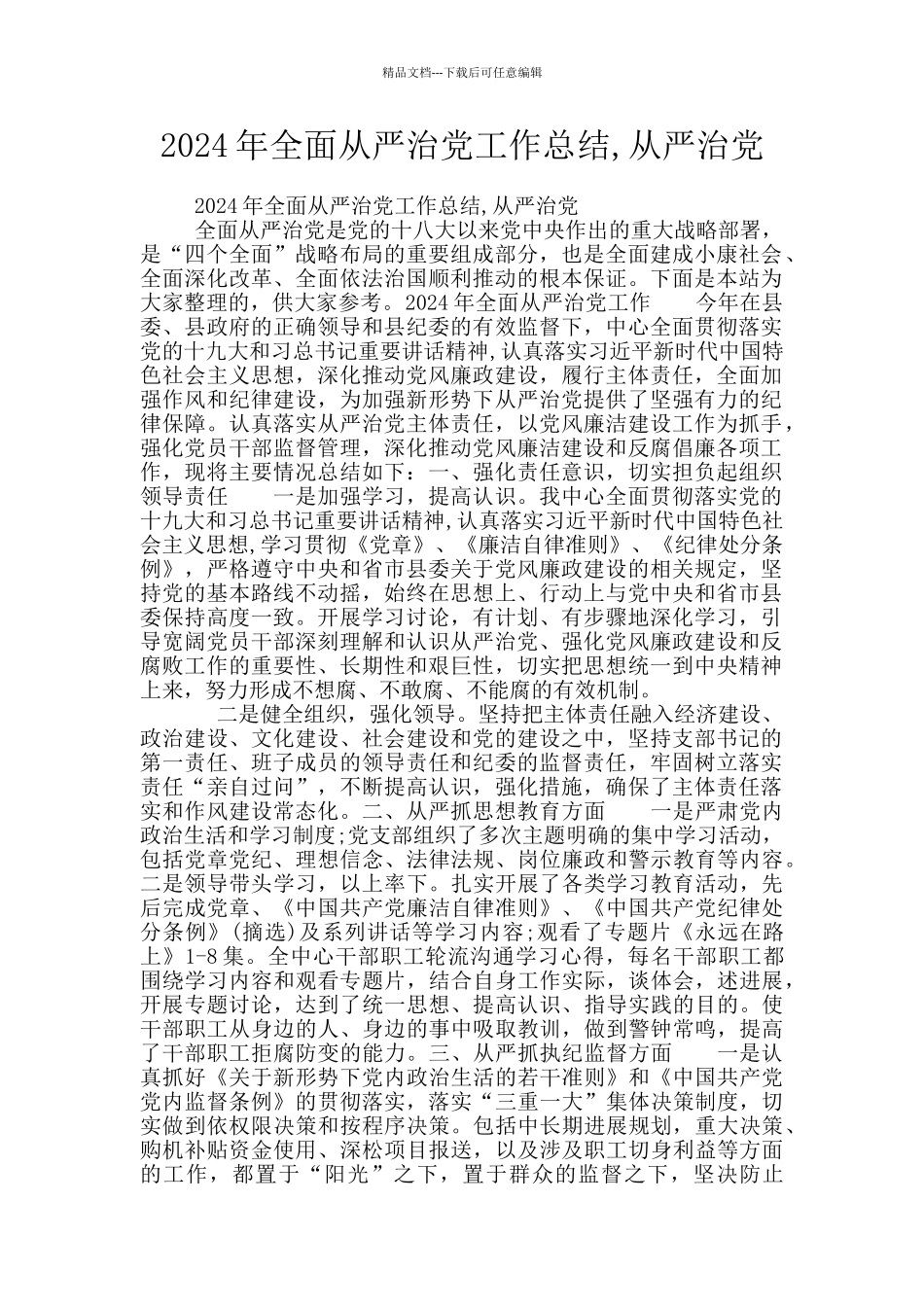 2024年全面从严治党工作总结_第1页