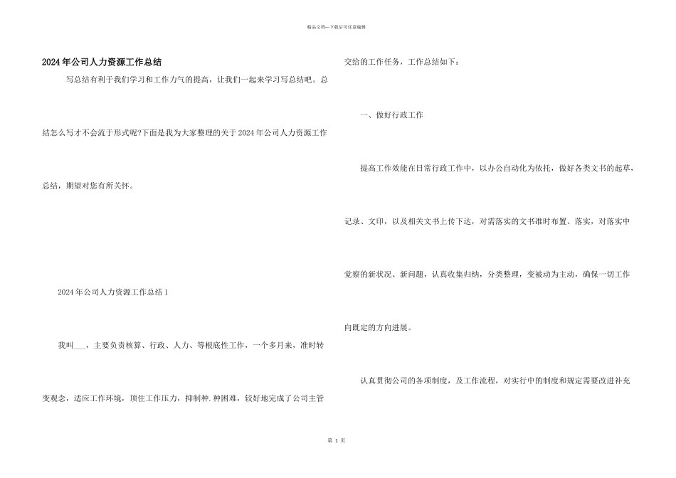 2024年公司人力资源工作总结_第1页