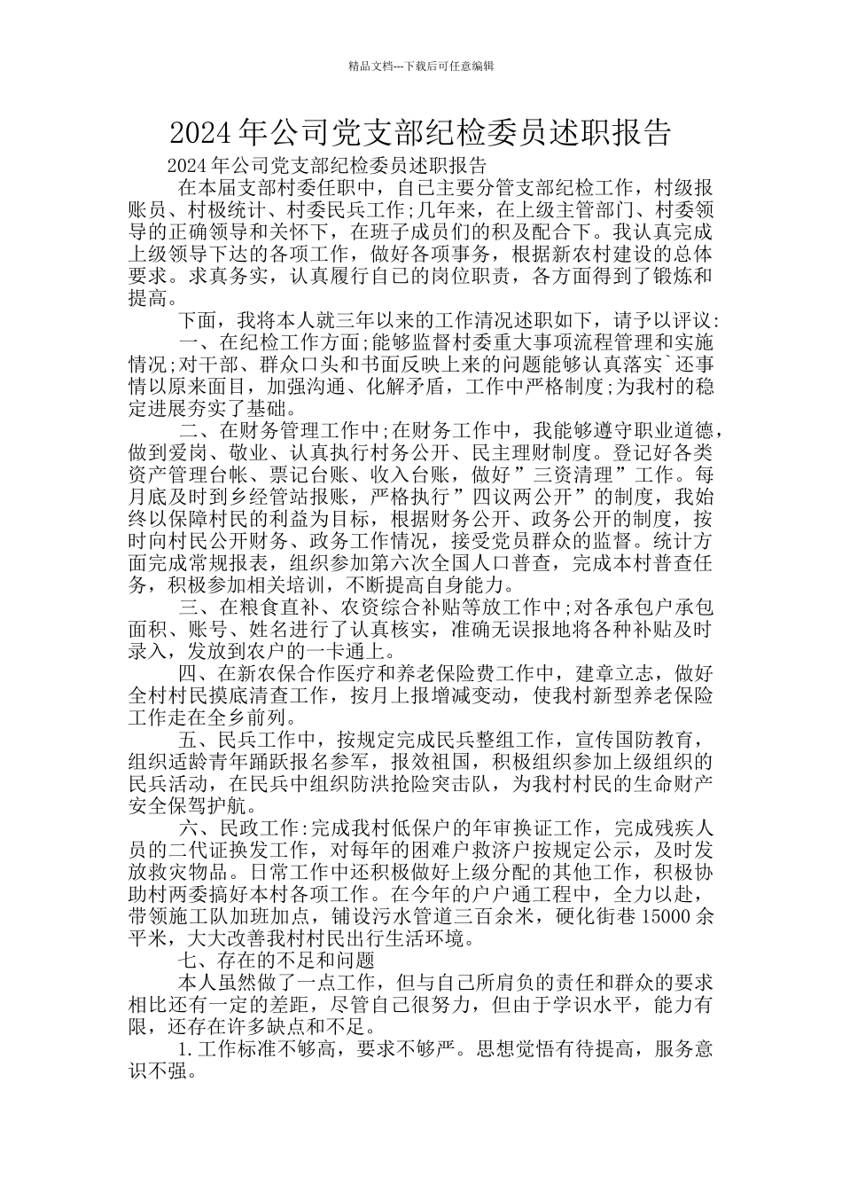 2024年公司党支部纪检委员述职报告_第1页