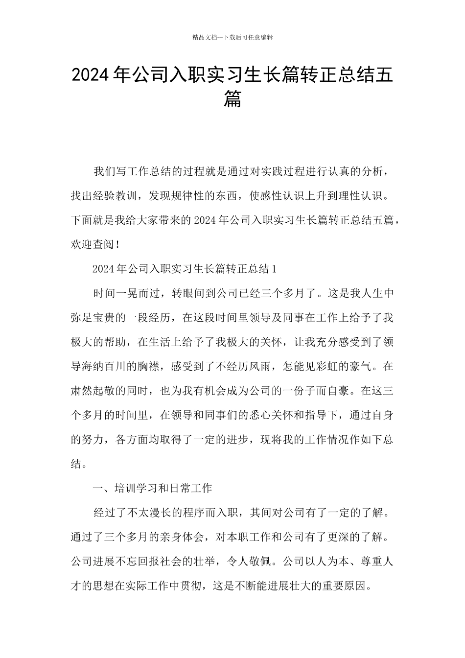 2024年公司入职实习生长篇转正总结五篇_第1页