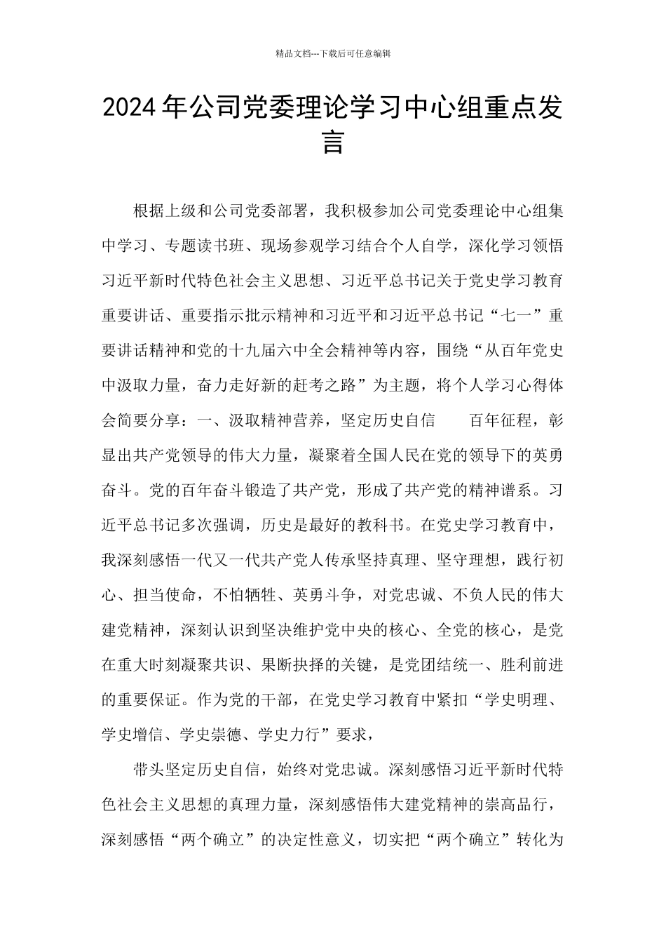 2024年公司党委理论学习中心组重点发言_第1页