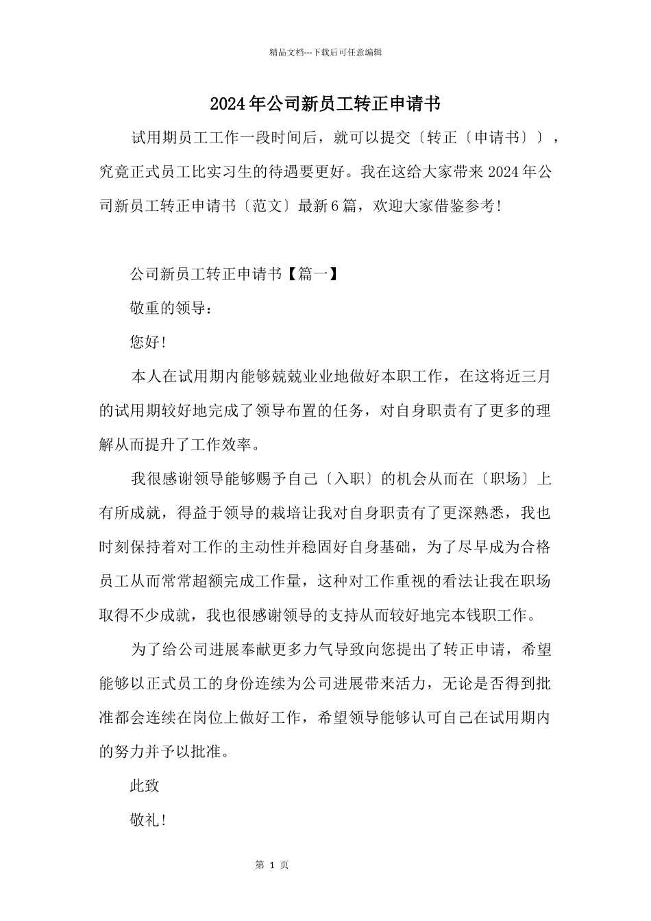 2024年公司新员工转正申请书_第1页