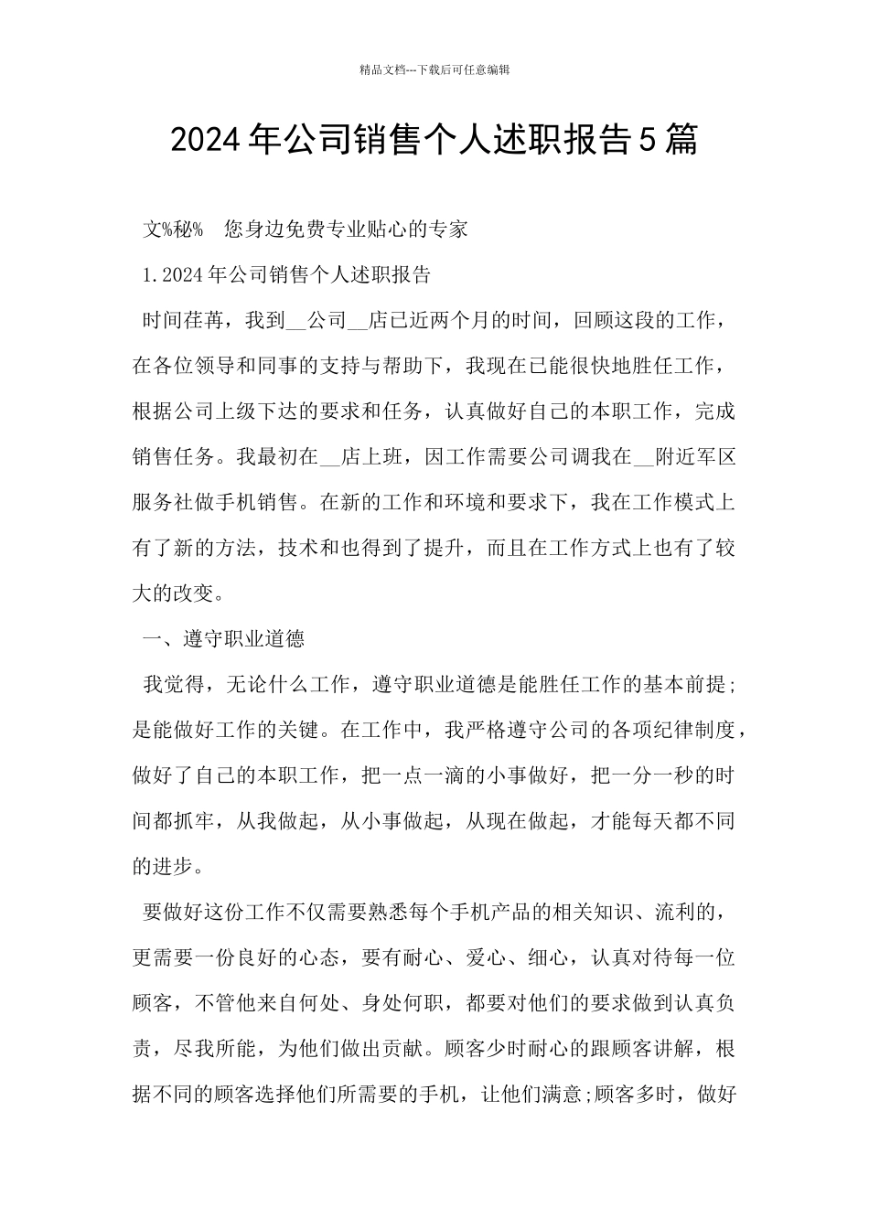 2024年公司销售个人述职报告5篇_第1页