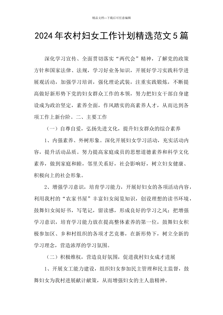2024年农村妇女工作计划精选范文5篇_第1页