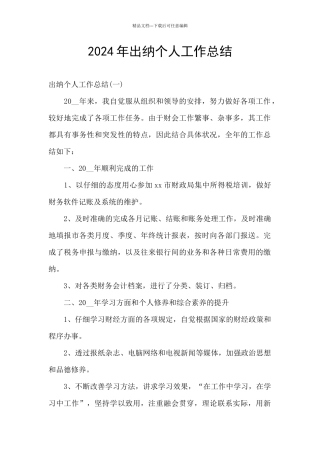 2024年出纳个人工作总结