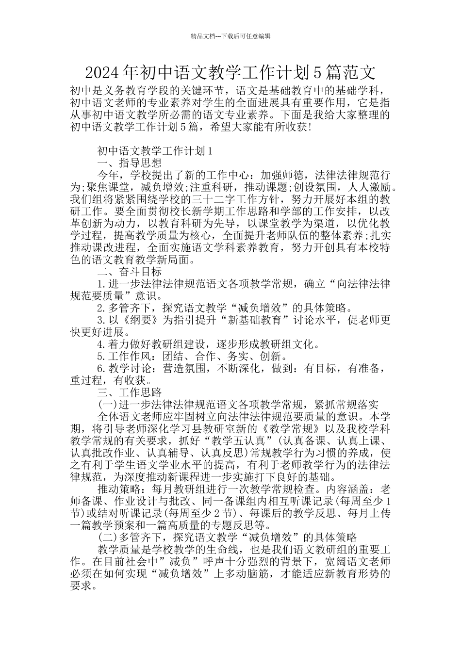 2024年初中语文教学工作计划5篇范文_第1页