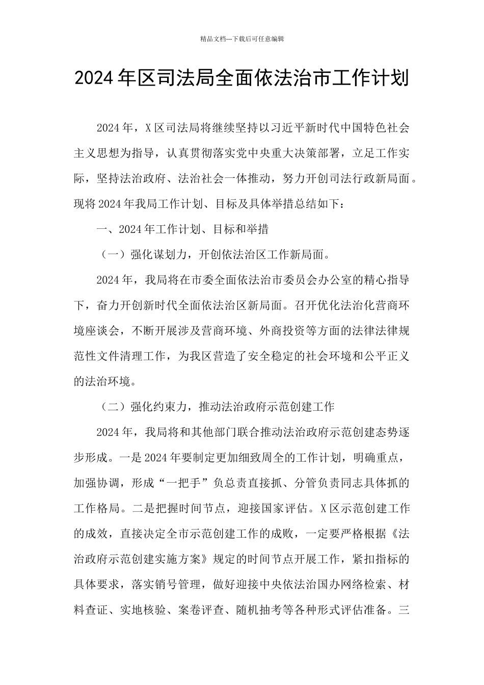 2024年区司法局全面依法治市工作计划_第1页