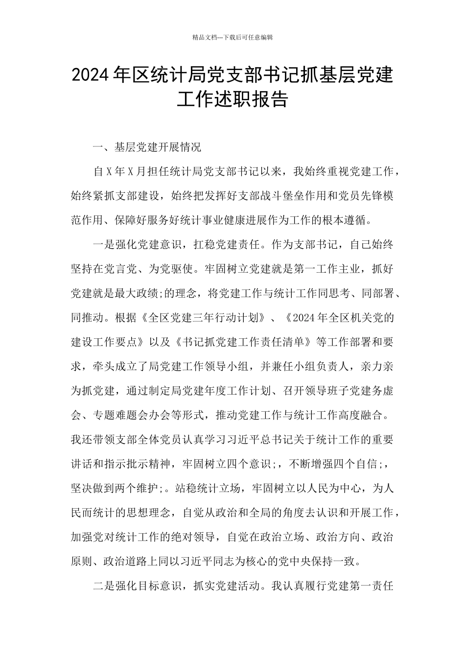 2024年区统计局党支部书记抓基层党建工作述职报告_第1页