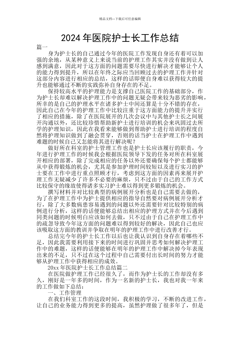 2024年医院护士长工作总结_第1页