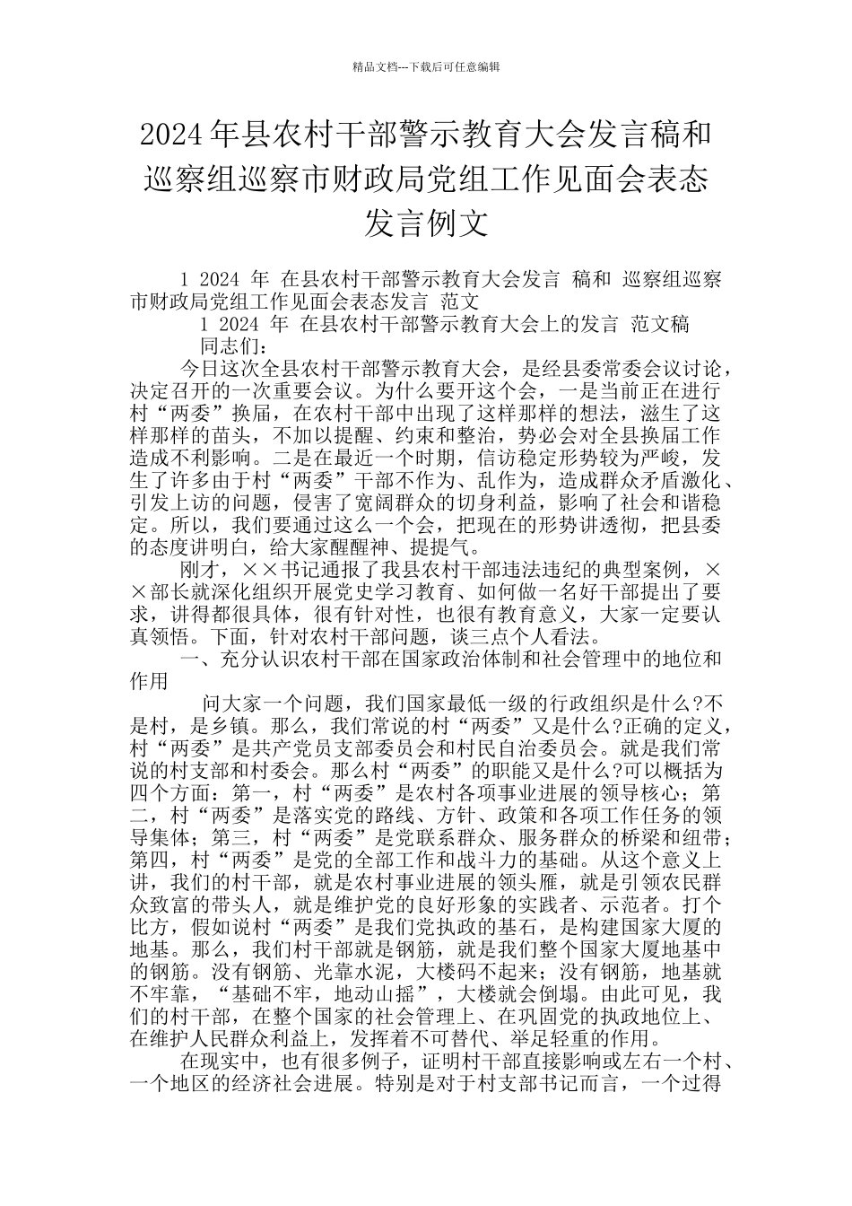 2024年县农村干部警示教育大会发言稿和巡察组巡察市财政局党组工作见面会表态发言例文_第1页
