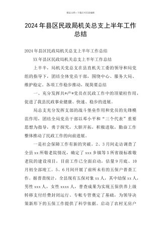 2024年县区民政局机关总支上半年工作总结