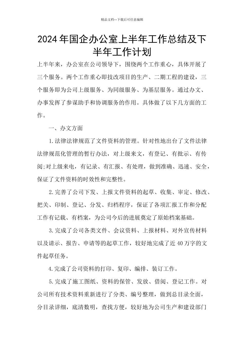 2024年国企办公室上半年工作总结及下半年工作计划_第1页