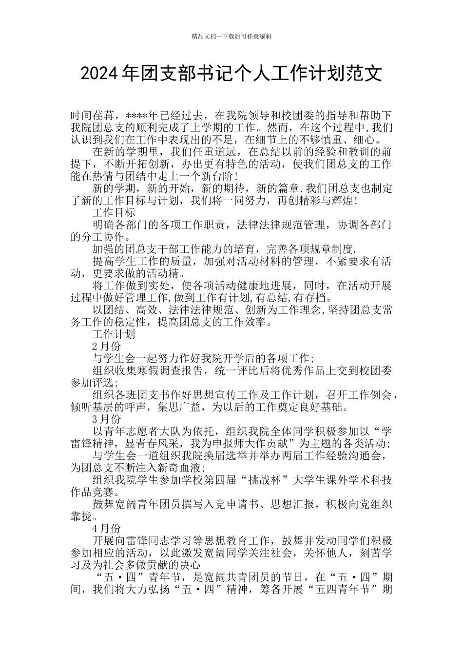 2024年团支部书记个人工作计划范文_第1页