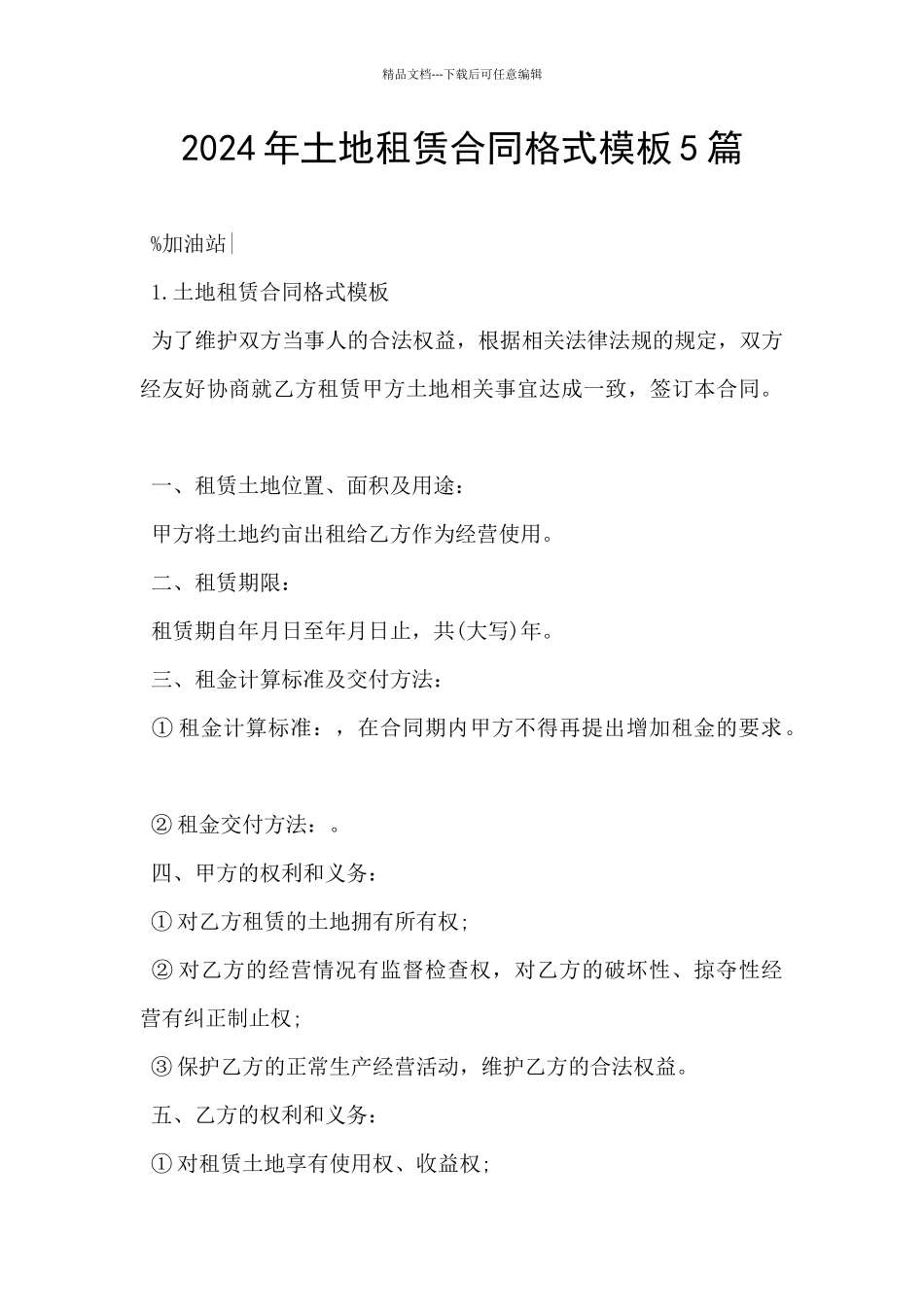 2024年土地租赁合同格式模板5篇_第1页